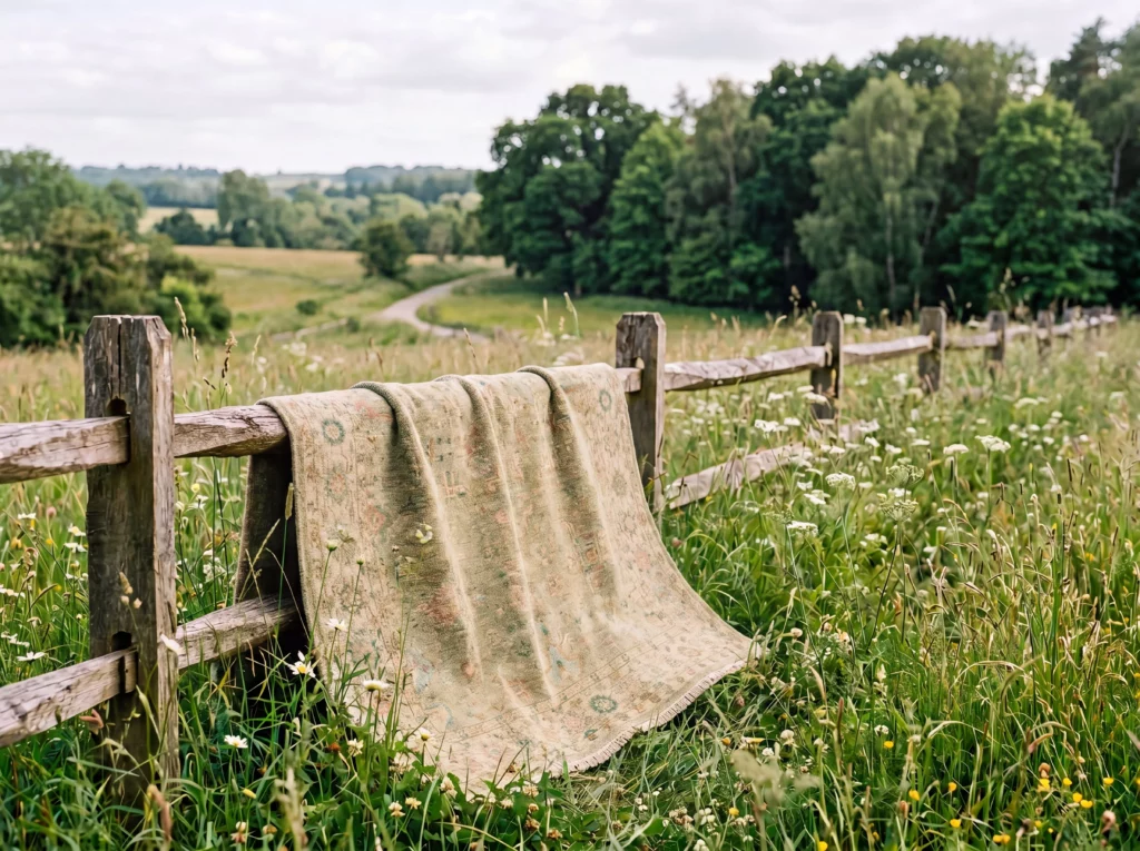 Vintage-style wool area rug with faded floral and medallion pattern draped over a rustic wooden fence in a wildflower meadow with rolling green hills in the background