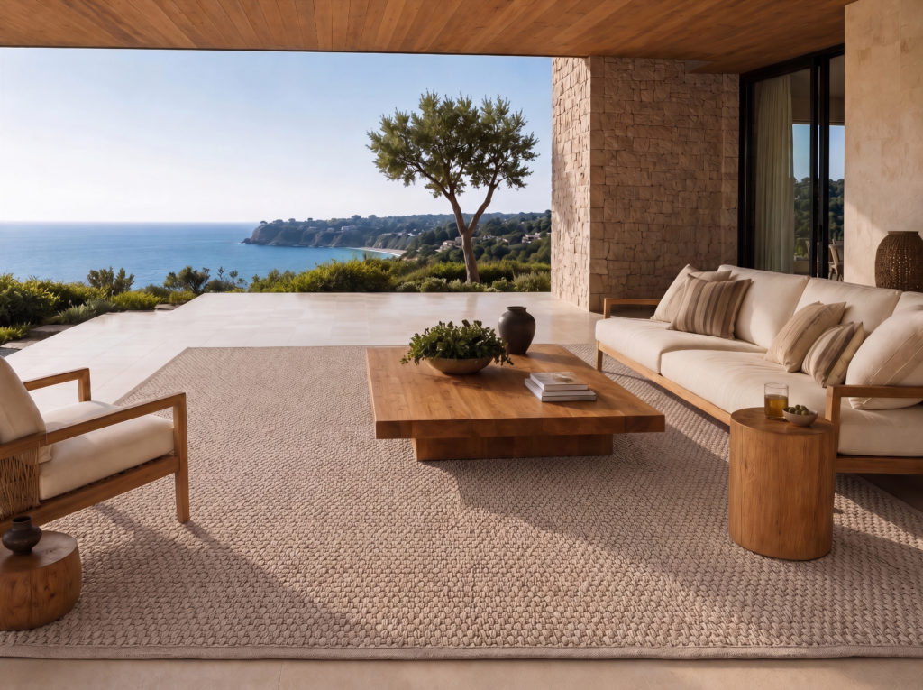 Wherever Sisal WHVSI area rug in Dune colorway on a covered outdoor terrace with teak lounge chairs, a live-edge wood coffee table, and an open ocean view framed by limestone columns and Mediterranean coastal landscaping