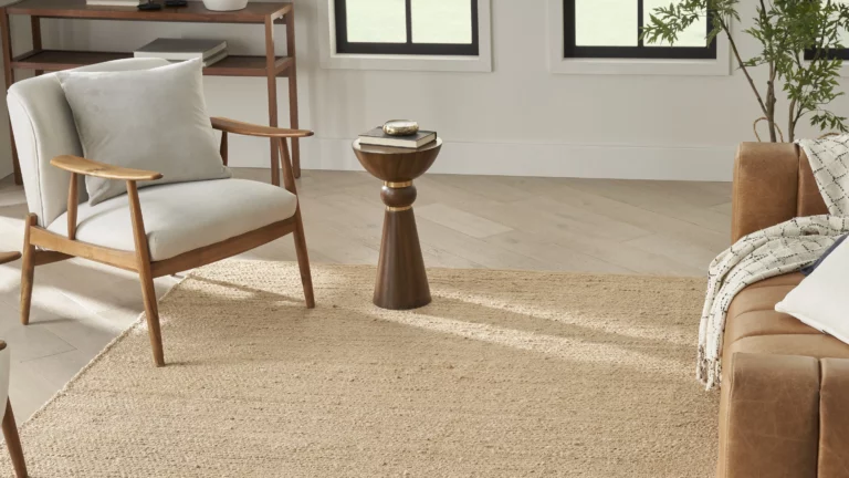 Bleached natural jute area rug styled in a bright living room with a mid-century accent chair, cognac leather sofa, and light hardwood floors